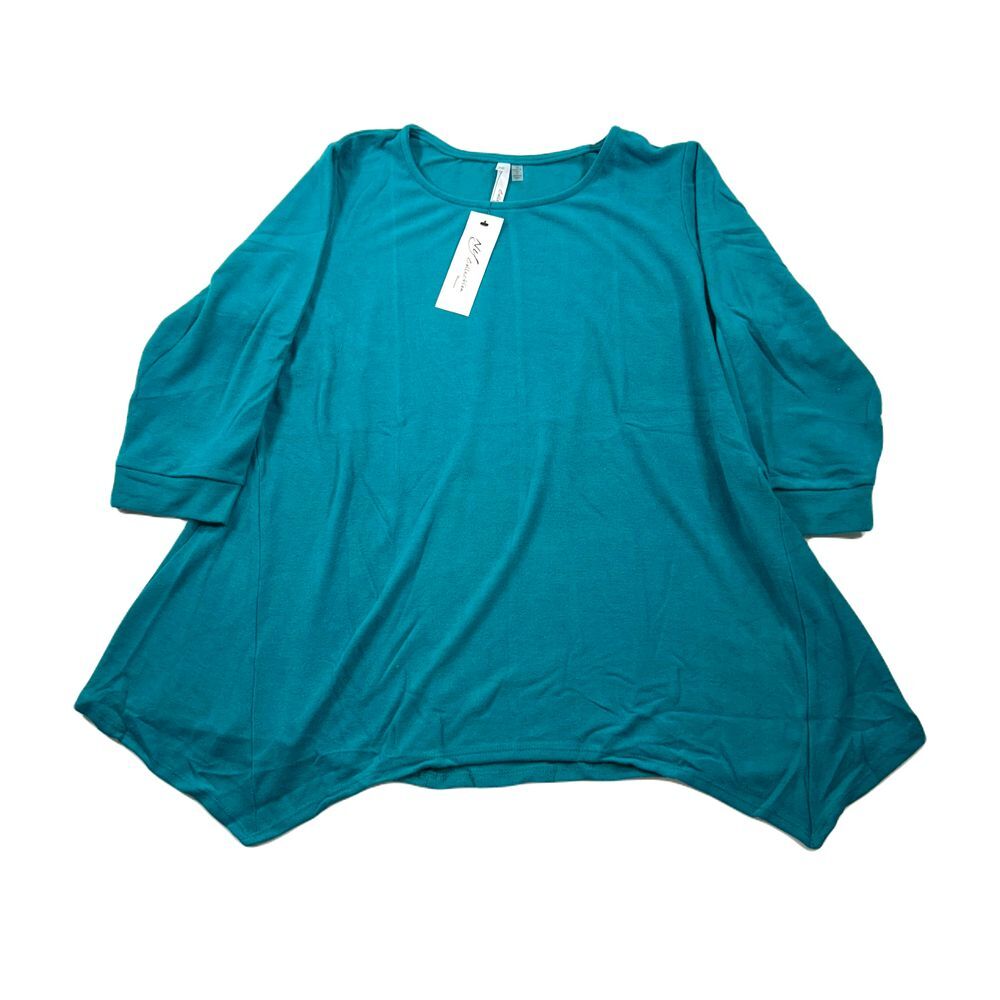 NY Collection Top & Printed Scarf Womens 1X Plus Handkerchief-Hem Jade Green NEW